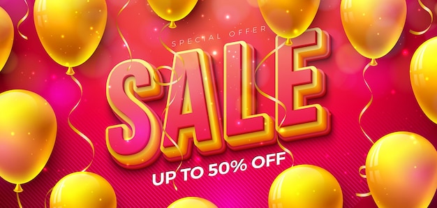Diseño de venta de día de compras con letras 3d e ilustración de oferta especial de globo de fiesta