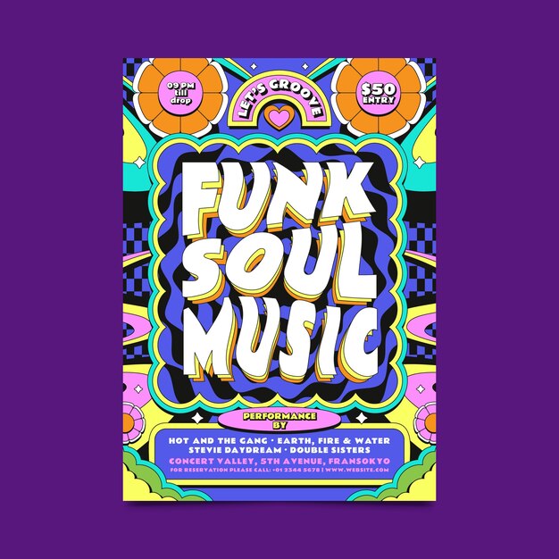 Diseño de volante de música funk y soul dibujado a mano