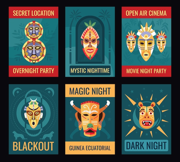 Diseño de volantes de fiesta nocturna con máscaras tribales.