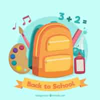 Vector gratuito diseño de vuelta al cole con mochila y objetos de escuela