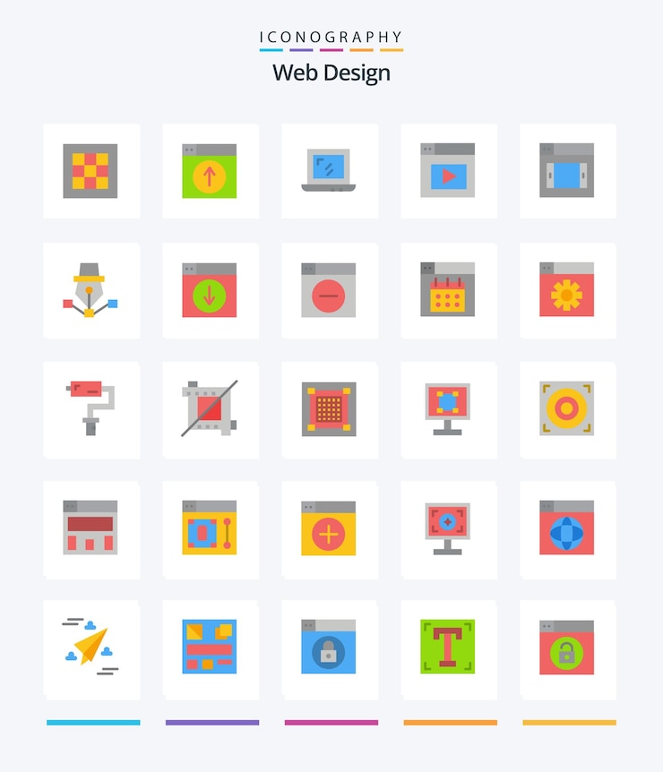 Vector gratuito diseño web creativo 25 paquete de iconos planos, como diseño de video, diseño de computadora portátil