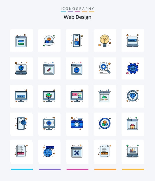 Vector gratuito diseño web creativo paquete de iconos llenos de 25 líneas, como diseño de computadora de internet, diseño web