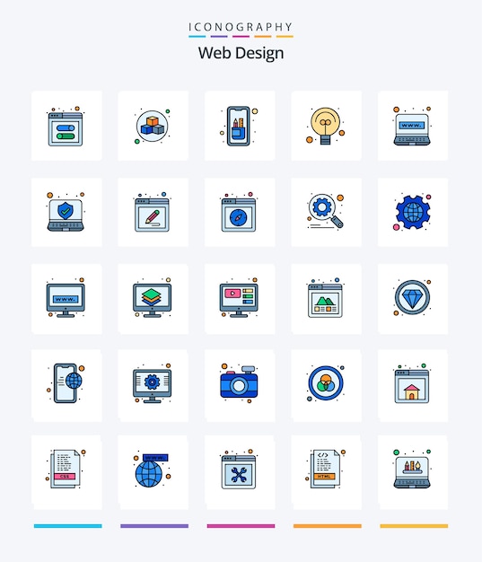 Diseño web creativo Paquete de iconos llenos de 25 líneas, como diseño de computadora de Internet, diseño web