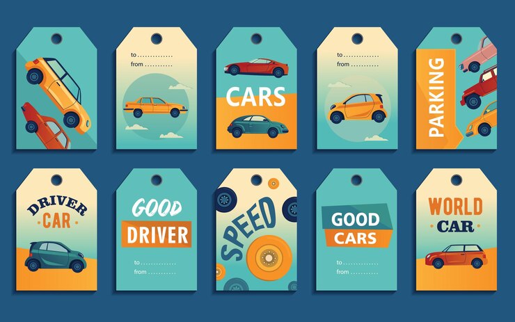 Vector gratuito diseños de etiquetas especiales con automóviles retro y modernos. diferentes coches en colores de fondo con texto