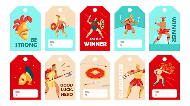 Diseños de etiquetas especiales con estilo con gladiadores del Coliseo