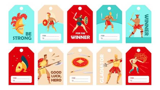 Vector gratuito diseños de etiquetas especiales con estilo con gladiadores del coliseo