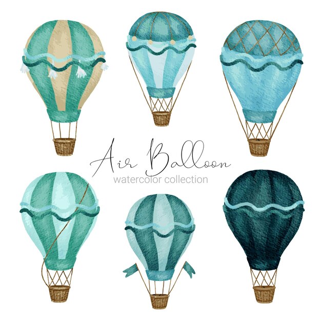 Diseños de globos aerostáticos en varios estilos de acuarela para que los diseñadores gráficos los utilicen en sitios web, tarjetas de invitación, bodas, felicitaciones, cumpleaños, celebraciones, impresión de telas y publicaciones.