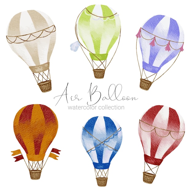 Diseños de globos aerostáticos en varios estilos de acuarela para que los diseñadores gráficos los utilicen en sitios web, tarjetas de invitación, bodas, felicitaciones, cumpleaños, celebraciones, impresión de telas y publicaciones.