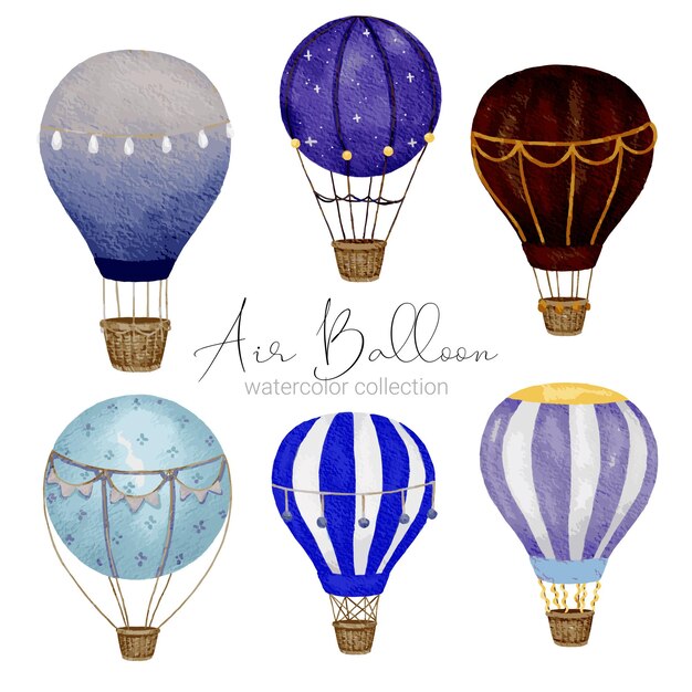 Diseños de globos aerostáticos en varios estilos de acuarela para que los diseñadores gráficos los utilicen en sitios web, tarjetas de invitación, bodas, felicitaciones, cumpleaños, celebraciones, impresión de telas y publicaciones.