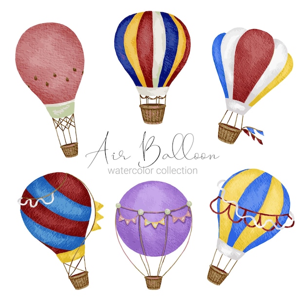 Diseños de globos aerostáticos en varios estilos de acuarela para que los diseñadores gráficos los utilicen en sitios web, tarjetas de invitación, bodas, felicitaciones, cumpleaños, celebraciones, impresión de telas y publicaciones.