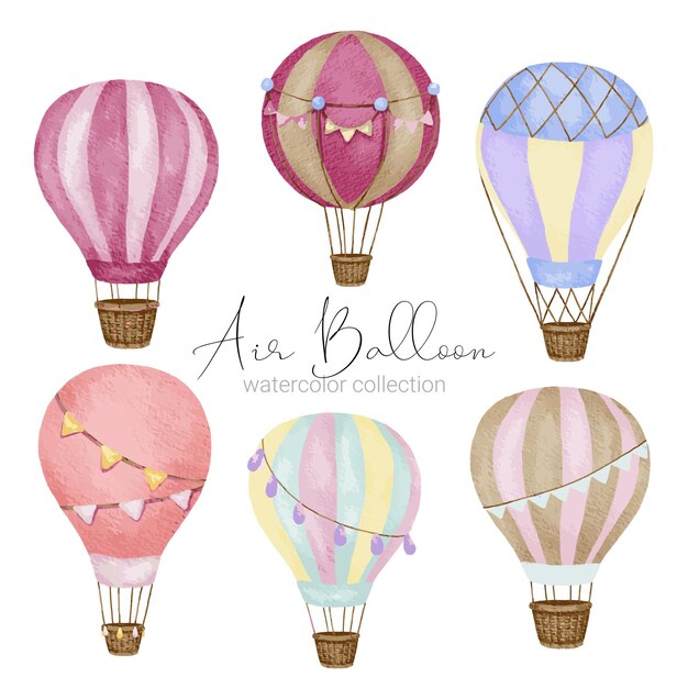 Diseños de globos aerostáticos en varios estilos de acuarela para que los diseñadores gráficos los utilicen en sitios web, tarjetas de invitación, bodas, felicitaciones, cumpleaños, celebraciones, impresión de telas y publicaciones.