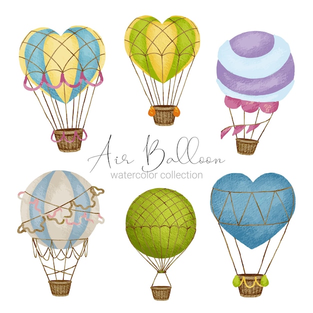 Diseños de globos aerostáticos en varios estilos de acuarela para que los diseñadores gráficos los utilicen en sitios web, tarjetas de invitación, bodas, felicitaciones, cumpleaños, celebraciones, impresión de telas y publicaciones.