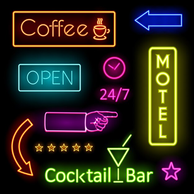 Diseños gráficos de luces de neón que brillan intensamente de colores para letreros de cafe y motel sobre fondo negro.