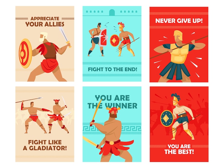 Vector gratuito diseños de tarjetas vívidos con gladiadores peleando. guerreros del coliseo con espadas y cascos, texto motivacional.