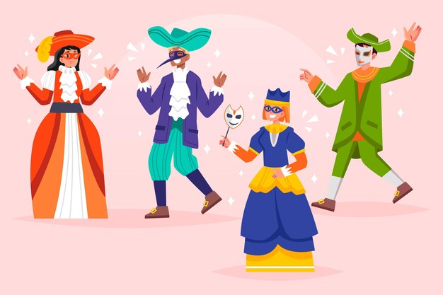 Disfraces de carnaval veneciano dibujados a mano