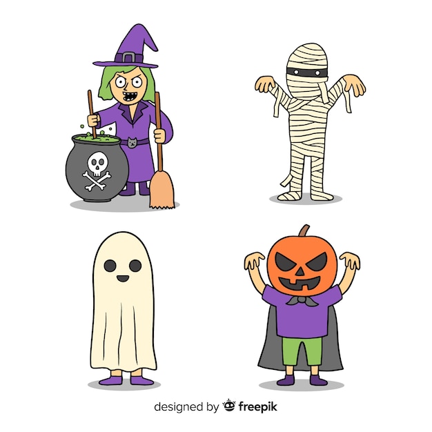 Disfraces de personajes de halloween dibujados a mano