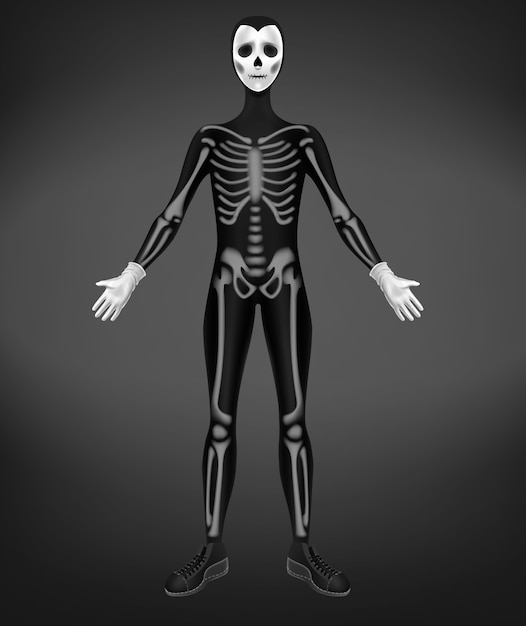 Disfraz de esqueleto o muerte para fiesta de Halloween aislado sobre fondo negro.