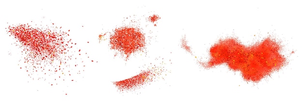 Dispersos de pimiento rojo en polvo. ilustración realista vector de condimento de pimentón y ají molido. salpicaduras de especias secas calientes aisladas sobre fondo blanco