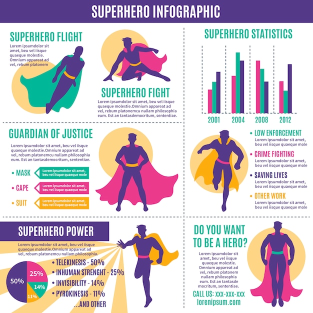 Disposición de infografías de superhéroes