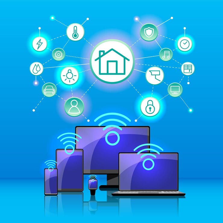 Vector gratuito dispositivo de control y conexión inteligente de internet de las cosas iot en la red de la industria y residente en cualquier lugar en cualquier momento y cualquier negocio con tecnología de ti de internet para futuristas del mundo