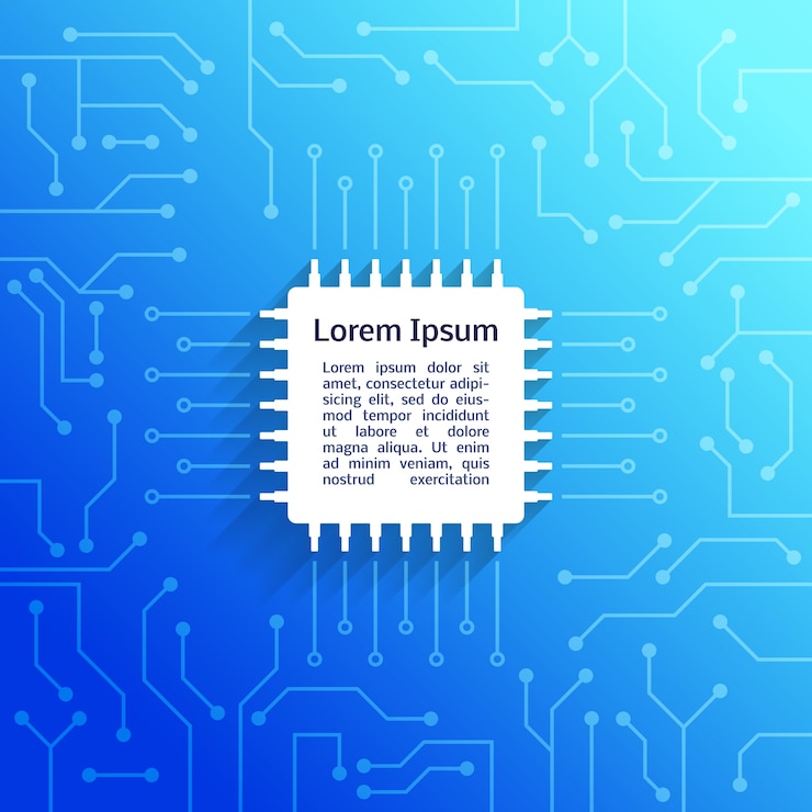 Vector gratuito dispositivo electrónico placa de circuito brillante fondo azul ilustración vectorial cartel