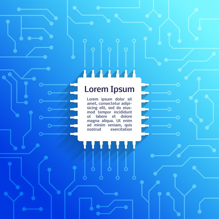 Vector gratuito dispositivo electrónico placa de circuito brillante fondo azul ilustración vectorial cartel