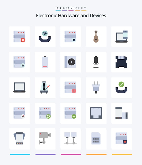 Dispositivos creativos 25 paquete de iconos planos, como dispositivos macbook, servidor, computadora, sonido