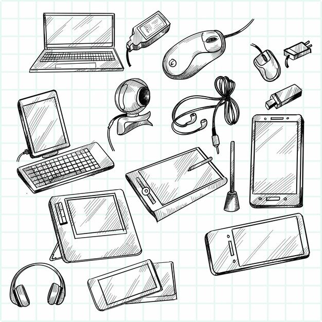 Dispositivos dibujados a mano doodle diseño de escenografía