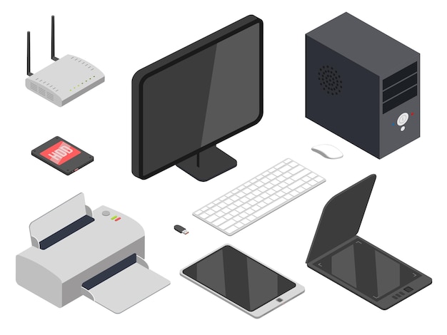 Vector gratuito dispositivos informáticos conjunto de ilustraciones realistas impresora 3d caja de torre enrutador wifi tableta volumétrica ereader memory stick pantalla de escritorio y teclado portátil mouse