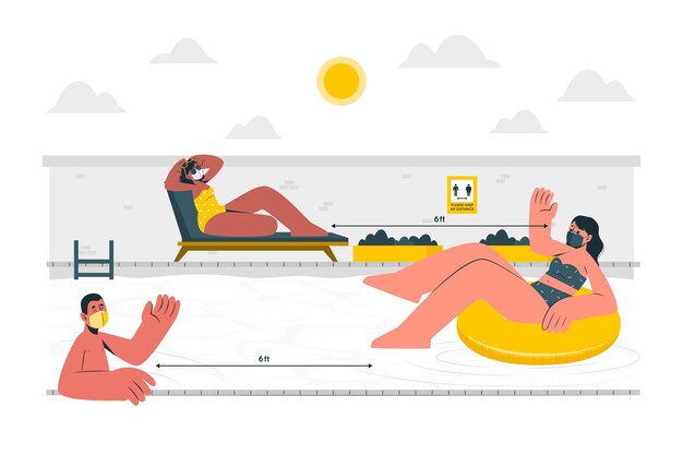 Distancia social en la ilustración del concepto de piscina