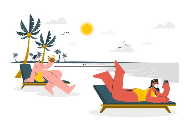 Distancia social en la ilustración del concepto de playa
