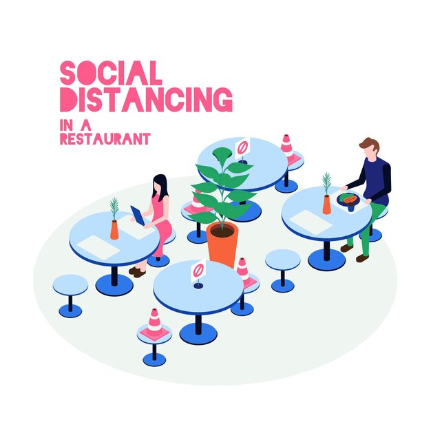 Distancia social ilustrada en restaurante