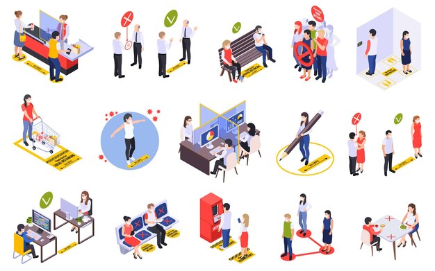 Distanciamiento social y espacio para la seguridad de las personas en áreas públicas durante la ilustración de vector aislado conjunto isométrico pandémico