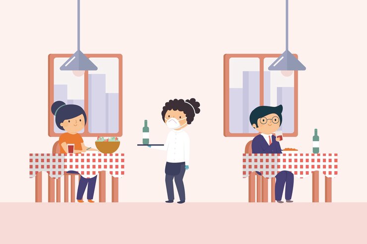 Vector gratuito distanciamiento social en un restaurante