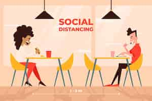 Vector gratuito distanciamiento social en un restaurante