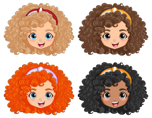 Diversas chicas de dibujos animados con cabello rizado