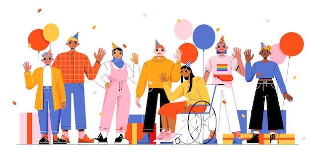 Diversas personas agitando las manos en la fiesta de cumpleaños personajes felices niña en silla de ruedas mujer musulmana persona lgbt celebrar vacaciones juntos vector ilustración plana de amigos globos y cajas de regalo