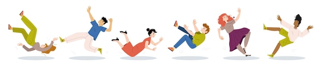 Diversas personas caen volando Ilustración plana vectorial de personajes que caen tras resbalones o tropiezos con riesgo de lesiones Hombres y mujeres caen aislados en fondo blanco