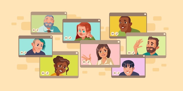 Vector gratuito diversas personas en videoconferencia virtual en línea