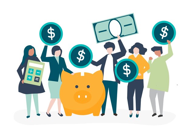 Diverso grupo de personas y la ilustración del concepto de ahorro