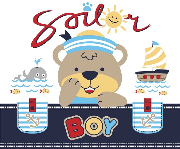 Divertida Caricatura De Marinero Sobre Fondo Azul De La Onda Vector Premium
