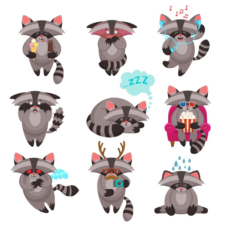 Vector gratuito divertida colección de mapaches