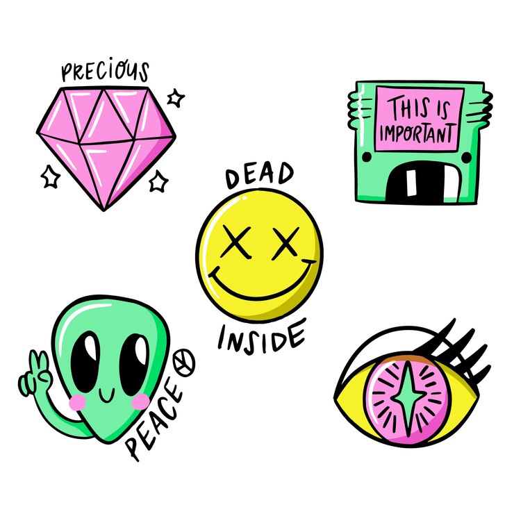 Vector gratuito divertida colección de pegatinas dibujadas a mano con colores ácidos