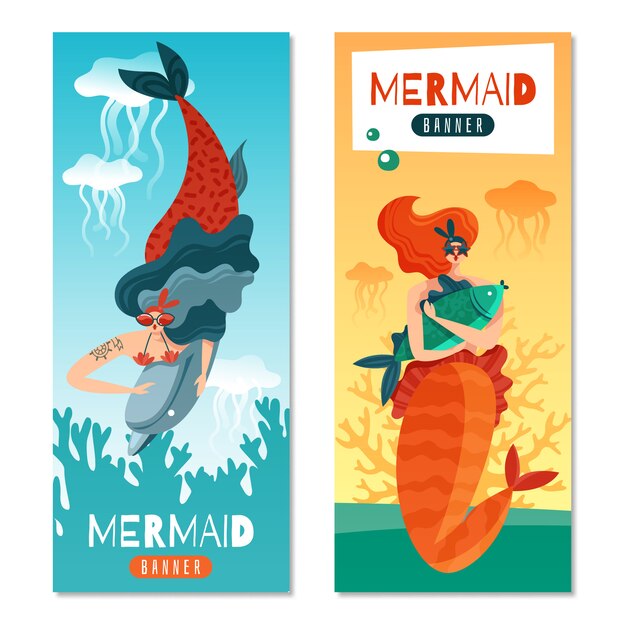 Divertidas sirenas pelirrojas 2 coloridas pancartas verticales con criaturas submarinas de la vida marina