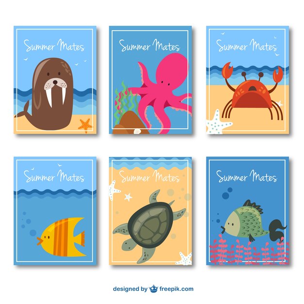 Vector gratuito divertidas tarjetas de animales para el verano