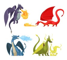 Vector gratis divertido colorido fuego respirando dragones 4 iconos concepto con morado rojo verde azul monstruos cartoon