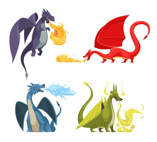 Divertido colorido fuego respirando dragones 4 iconos concepto con morado rojo verde azul monstruos cartoon
