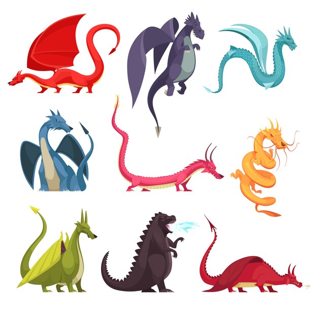 Divertido colorido fuego respirando dragones monstruos serpiente extraña como criaturas iconos planos de dibujos animados conjunto aislado