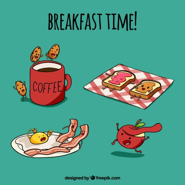 Divertido desayuno con personajes de comida dibujados a mano