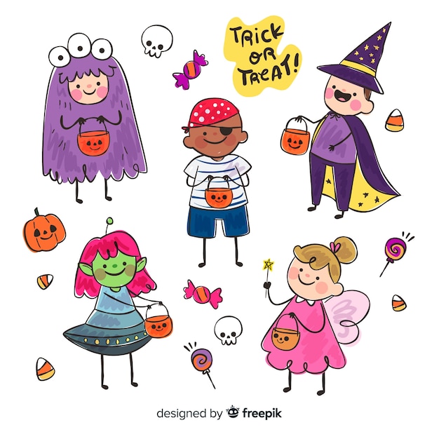 Vector gratuito divertido y lindo disfraz de halloween para niños con dulces